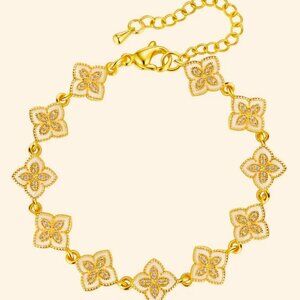 GOLD AND WHITE 18K GOLD DIPPED ENAMEL CZ LINKED CLOVER COPPER BASE BRACELET